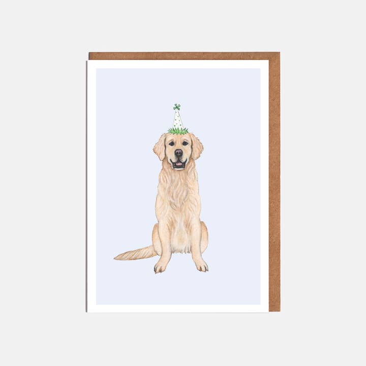 Lottie Murphy - Vente Cartes d'anniversaire - Carte pour chien Golden Retriever & Party Hat, vierge ou anniversaire