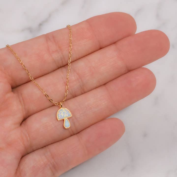 Columbus - Wholesale Pendant/Charm Necklace - 18K Gold Dipped Chain Necklace with Opal Mushroom Charm
