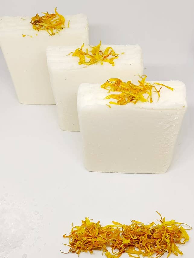Lemon and Calendula Flower Salt Soap Bar for wholesale by West Country Aromas