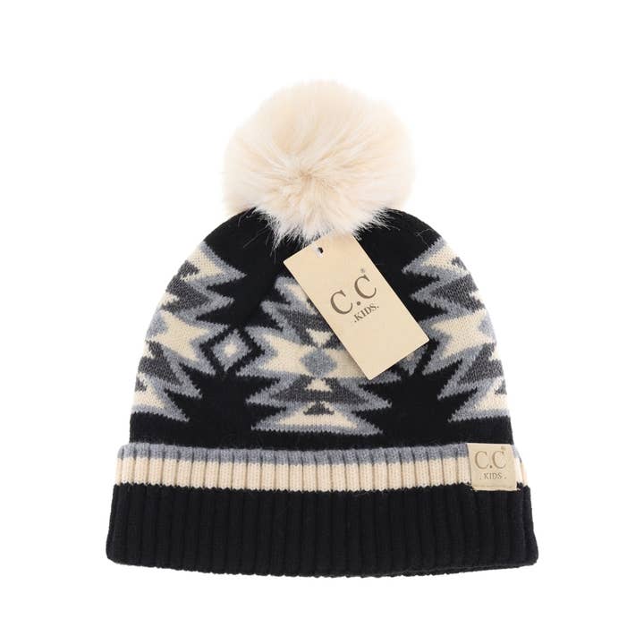 C.C Beanie - Wholesale Beanie - Kids - Kids' Southwestern C.C Beanie with Faux Fur Pom
