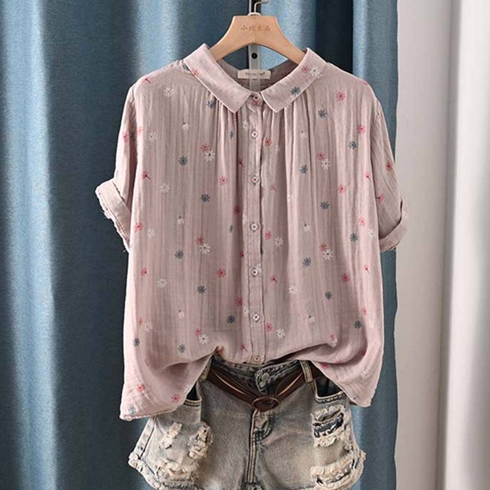 Whisper Mint – Camisa com botões no colarinho – Mulher por atacado – Camisa de manga curta estampada em lapela em gaze de algodão de dupla camada3