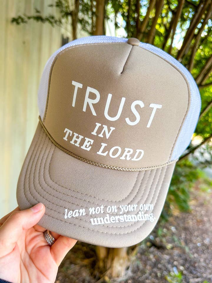 Trust In The Lord Khaki/White Trucker Hat for wholesale by Southern Bliss Co.