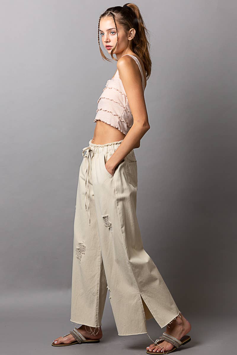 Pol Clothing - Wholesale Jeans - Women's - Wide Leg Drawstring Elastic Waist Distressed Denim Pants9