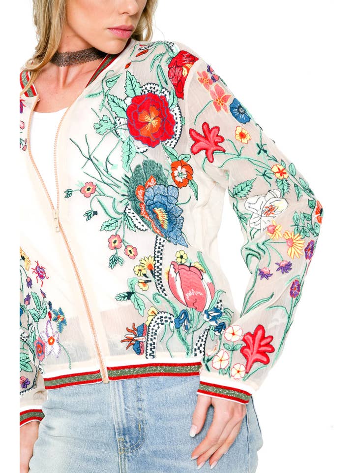 Ivory Floral Bellezza Embroidered Bomber Jacket for wholesale on Faire5