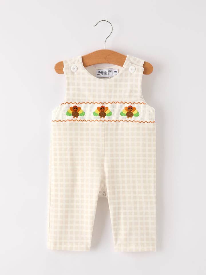 Fall Thanksgiving Apricot Plaid Turkey Embroidery Smocking Boys Romper for wholesale by Rylee Faith Designs
