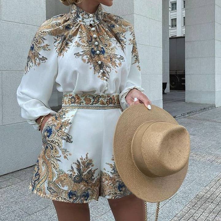 Sheer Trend - Wholesale Top & Short Set (NOT Loungewear) - Women's - Printed Long Sleeve Top Loose Shorts Set