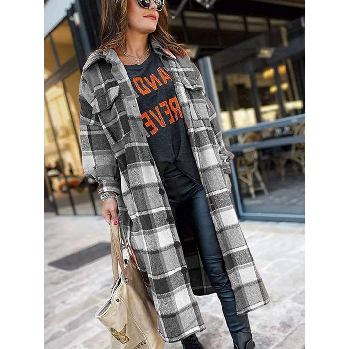 Green Long Wool-blend Plaid Shirt Shacket(BIG SALE) for wholesale on Faire