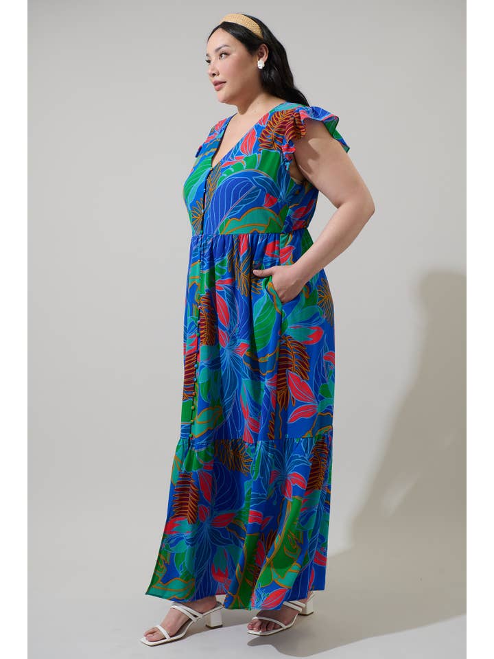Cobalt Multi Malton Tropical Evianna Button Down Flutter Maxi Dress Curve for wholesale on Faire