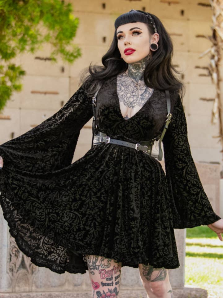 Nyx - Bell Sleeved Velvet Damask Dress w/ Harness - READY TO SHIP for wholesale by Witchwood Bags