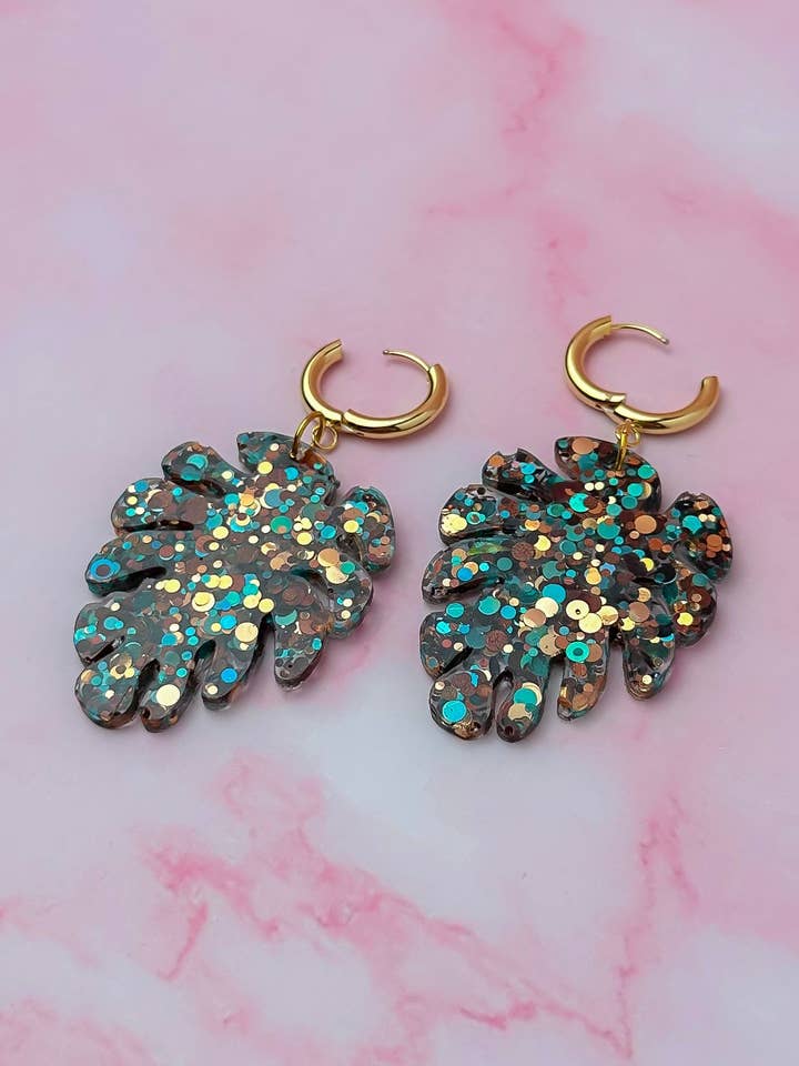 Taurus Leaf - Blue, Brown and gold glitter Resin Earrings for wholesale by ThatsSewLauraUk