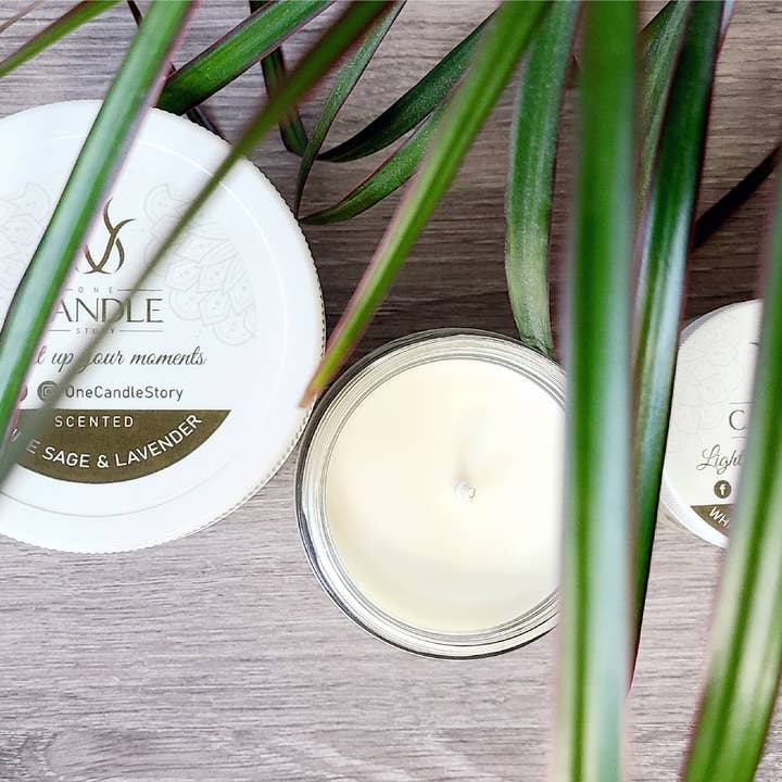 One Candle Story – wholesale Burkljus – Vit salvia/Lavendel Doftljus ,100% Naturligt Sojakvax Ljus, Doftande W/doftoljor Infunderas W/Naturliga eteriska oljor, Aromaterapi