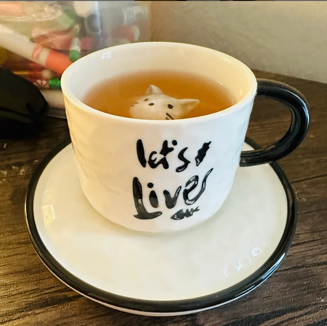 Green Pastures Wholesale - Vendita all'ingrosso Tazza da tè/caffè - Set di 4 tazze da tè in ceramica con gatti e piattini in 4 colori7