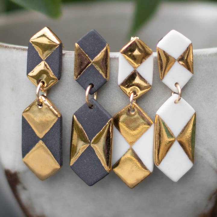 picket gold X tile dangle stud earrings for wholesale by Remnant Studios