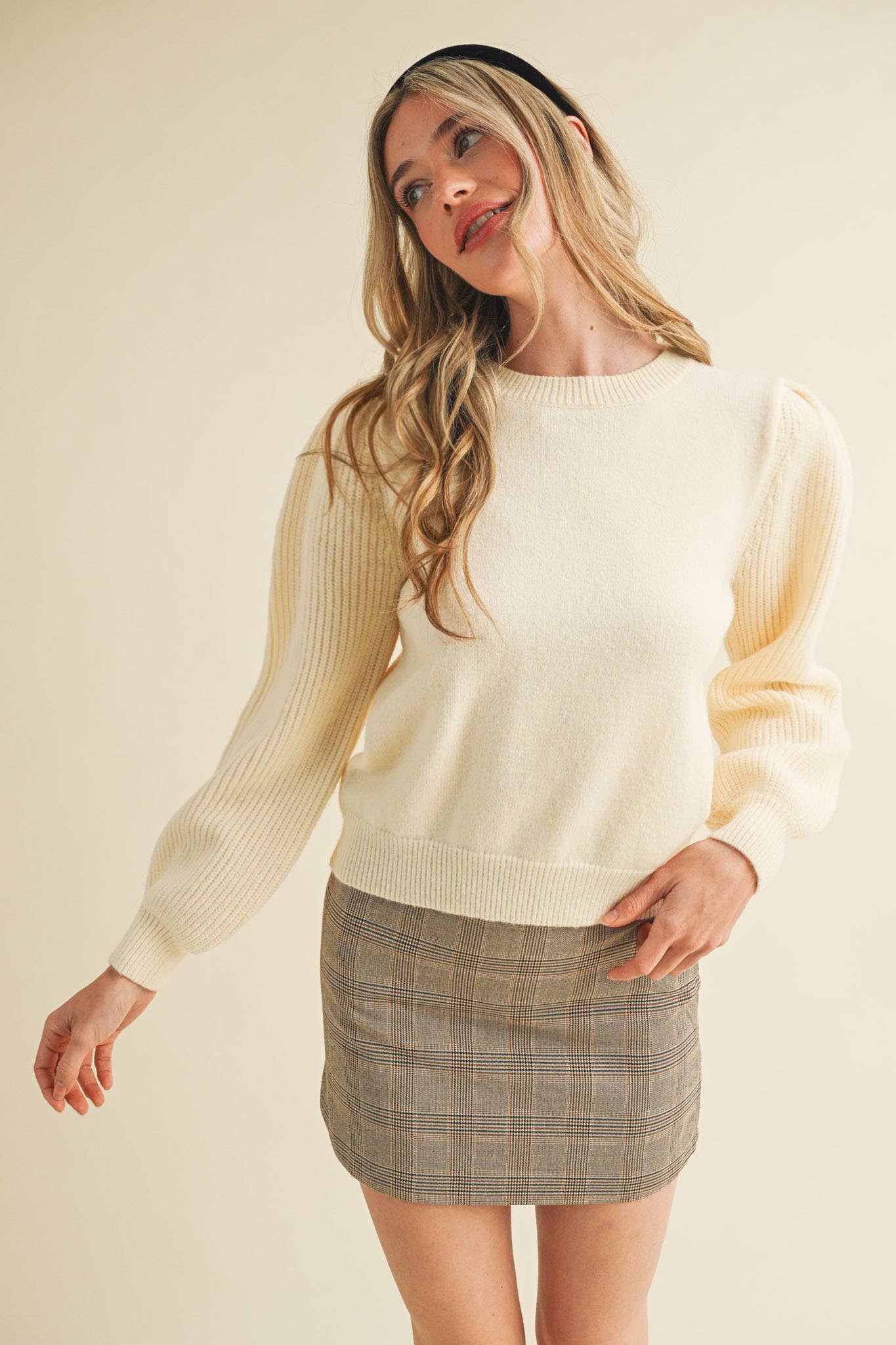 &MERCI - Wholesale Knit Sweater - Women's - RIBBED PUFF SLEEVE SWEATER MSW109517