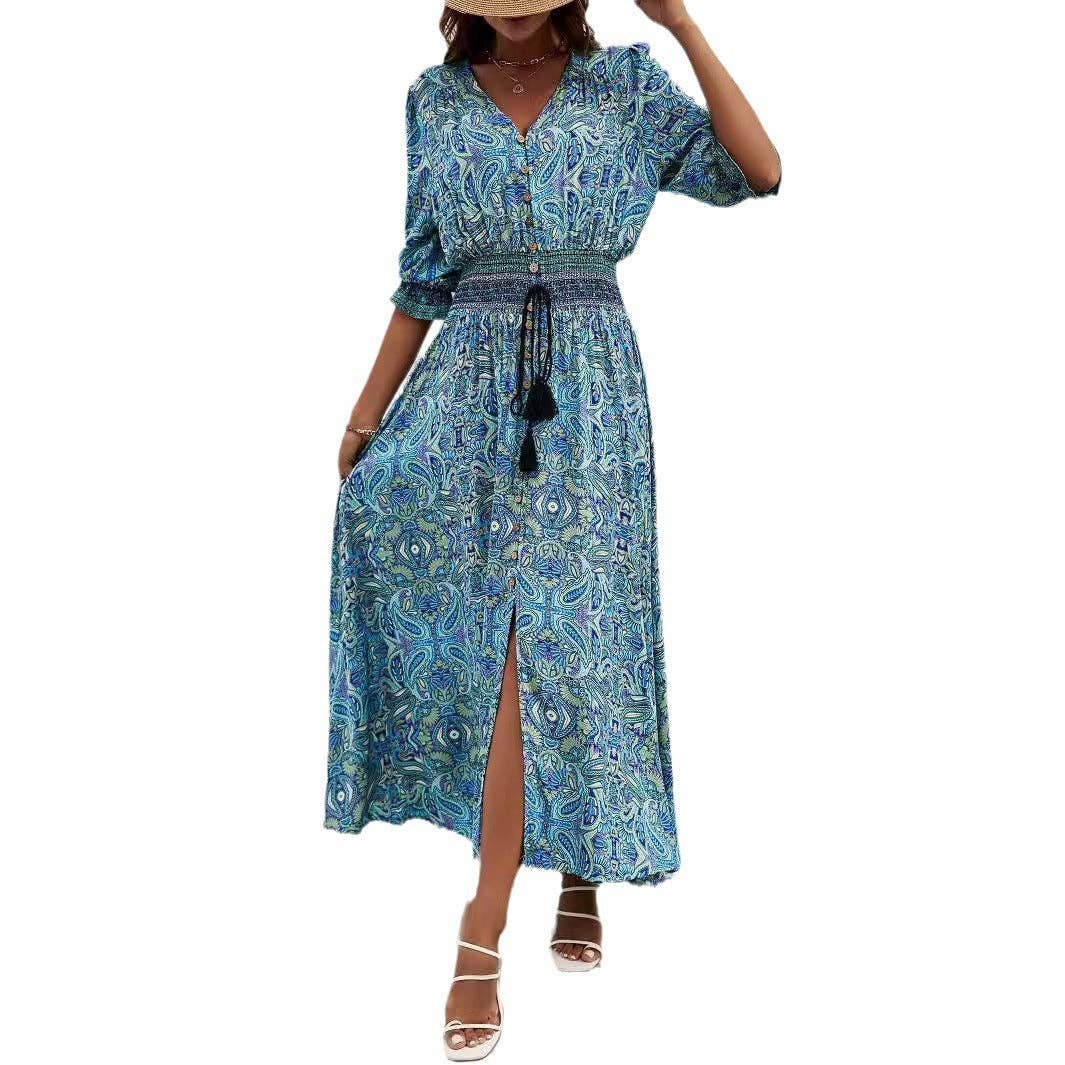 Masyal - Vente Robe – femme - Robe boutonnée à manches trois-quarts style bohème7