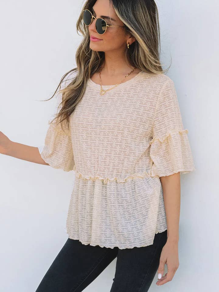 Beige Solid Color Textured Ruffled Short Sleeve Blouse for wholesale on Faire