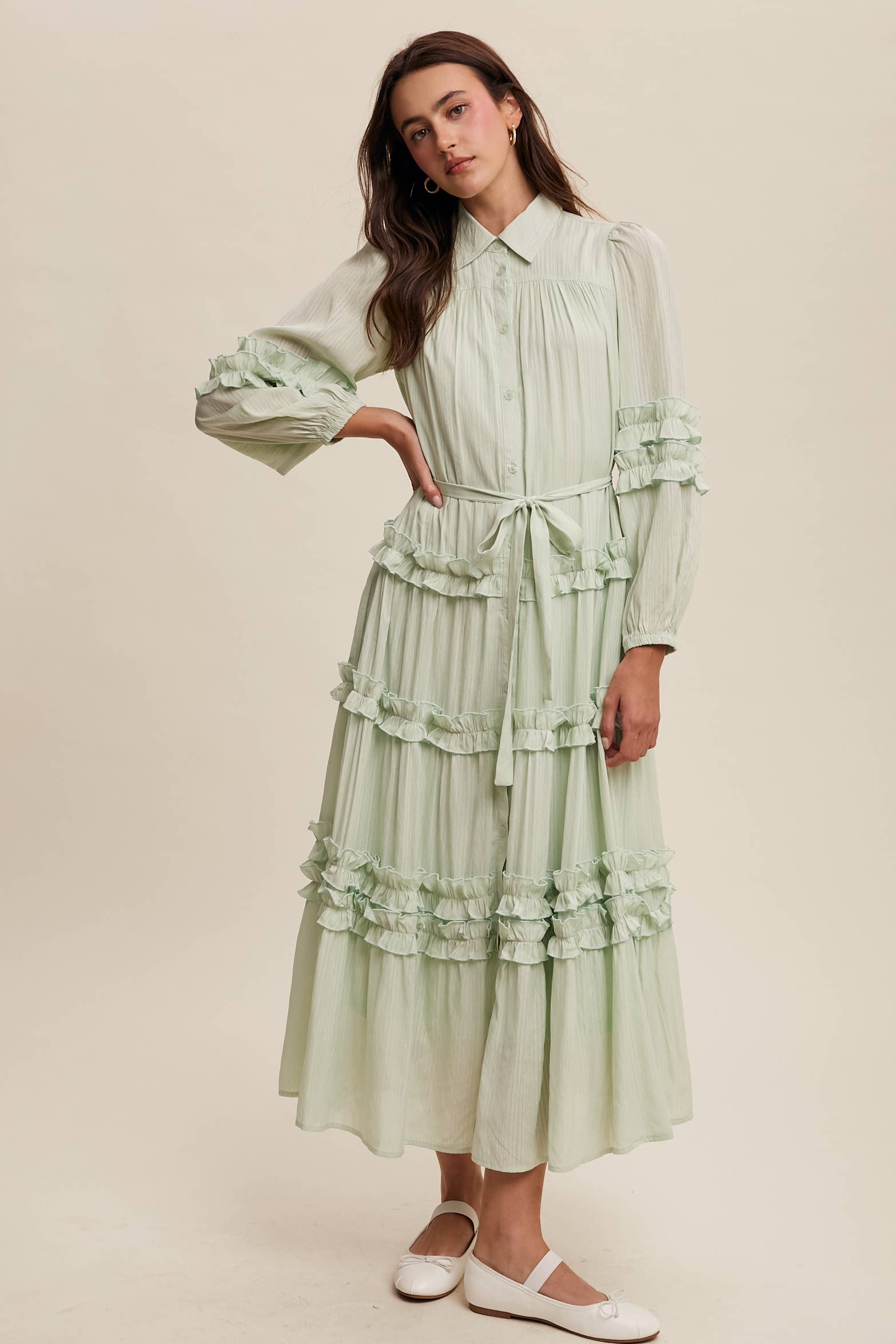 Listicle - Wholesale Dress - Women's - Ruffled Belted Maxi Shirt Dress LD149611