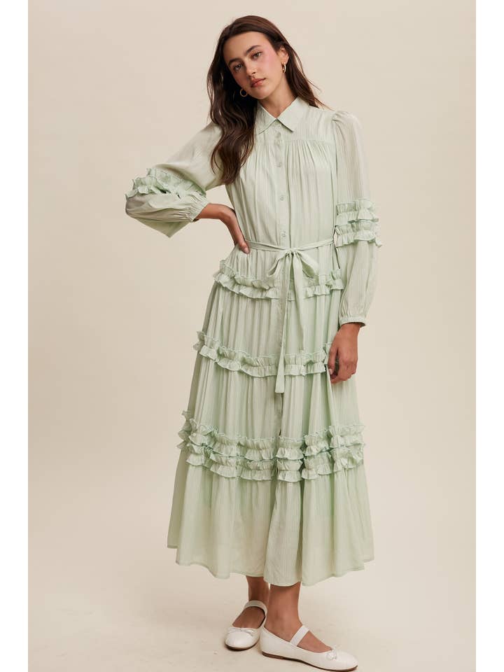 Listicle - Wholesale Dress - Women's - Ruffled Belted Maxi Shirt Dress LD149611