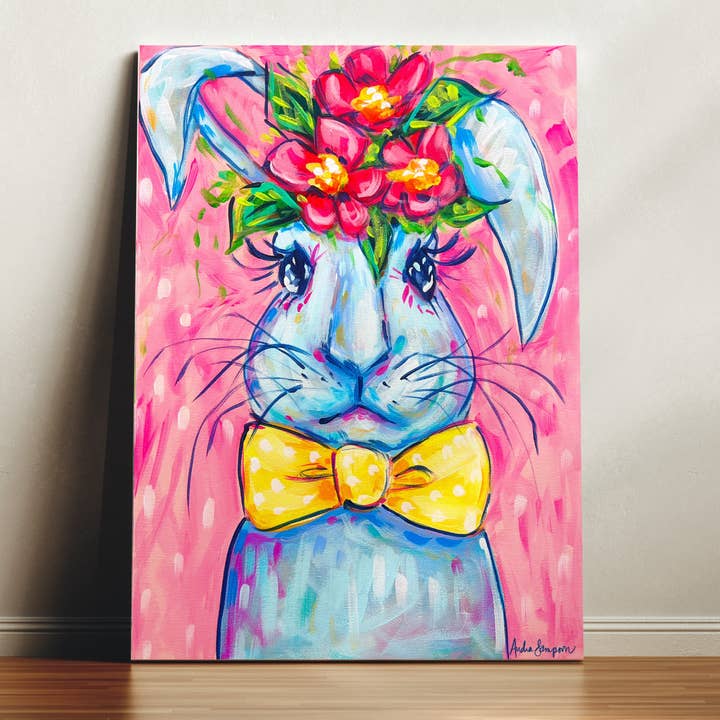 Yellow Tie Bunny Canvas Print - Floral Rabbit Art Painting Easter Decor for wholesale by Audra Style
