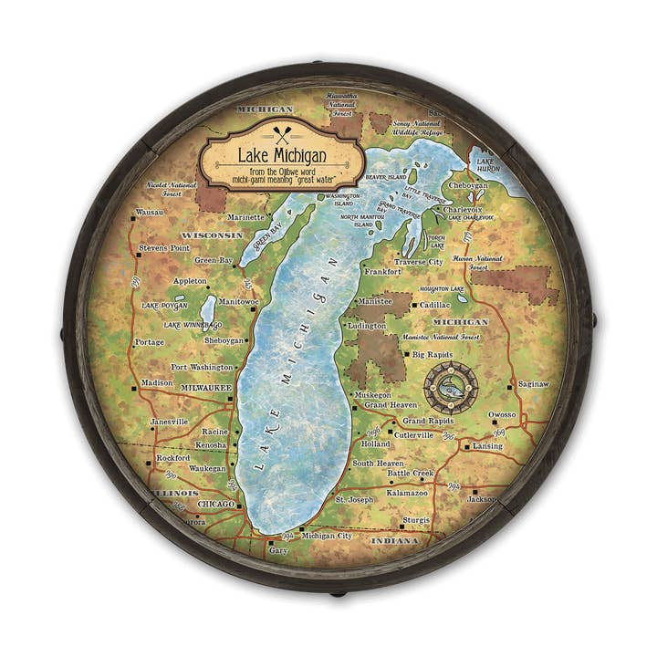 Lake Michigan: Illustrated Map - Barrel End for wholesale by Old Wood Signs