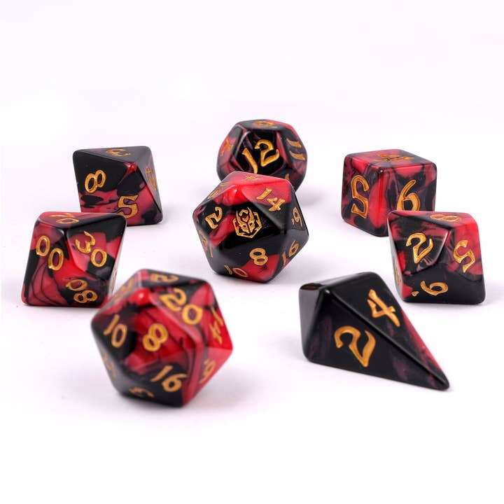 Hymgho Premium Dice - Wholesale Dice - Wyrmforged Rollers - Rounded Edge 8 Piece Polyhedral Dice set - Blood Pact