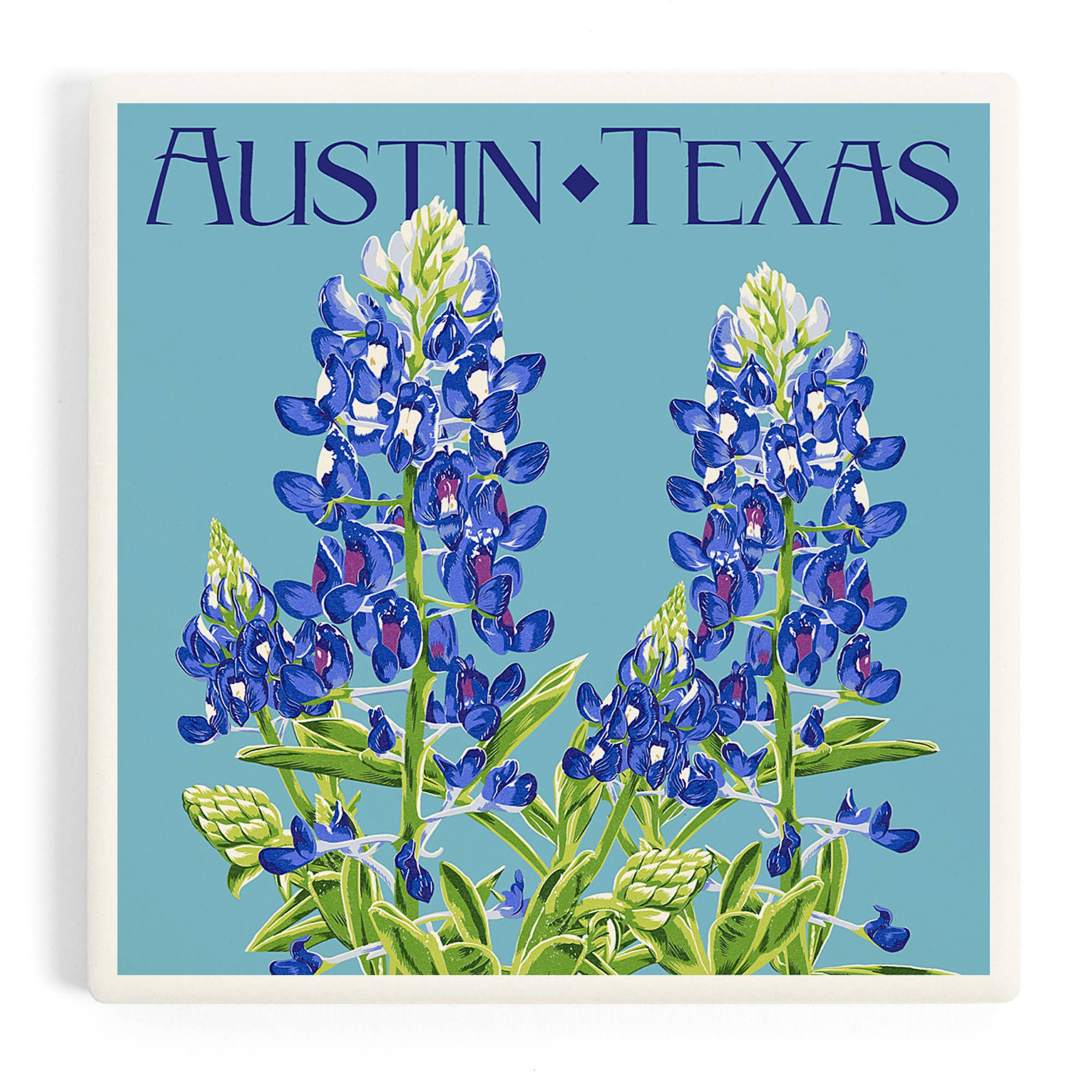 Lantern Press - Wholesale Coasters - CERAMIC COASTER Austin, Texas, Bluebonnet, Letterpress0