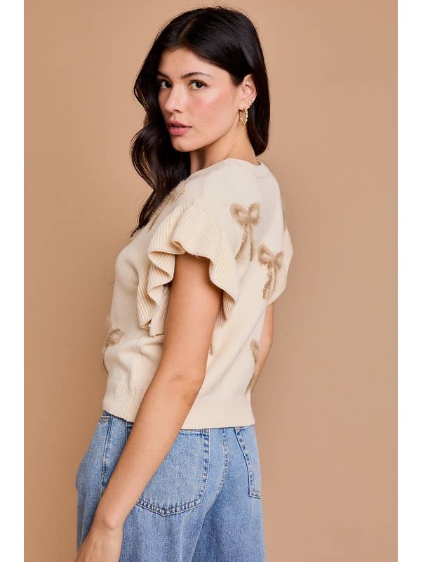 GILLI - Wholesale Knit Top - Women's - Round Neck Ruffle Sleeve Bows Knit Top