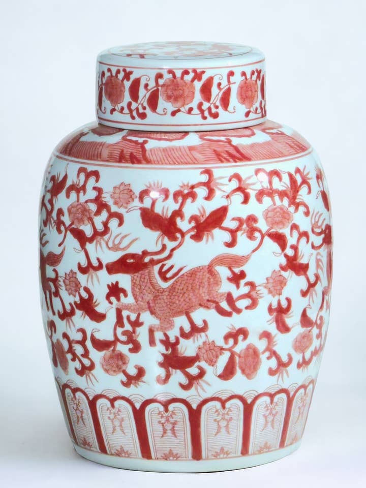 Ginger Jar, Chinoiserie Deer Design, Red and White for wholesale by AA Importing