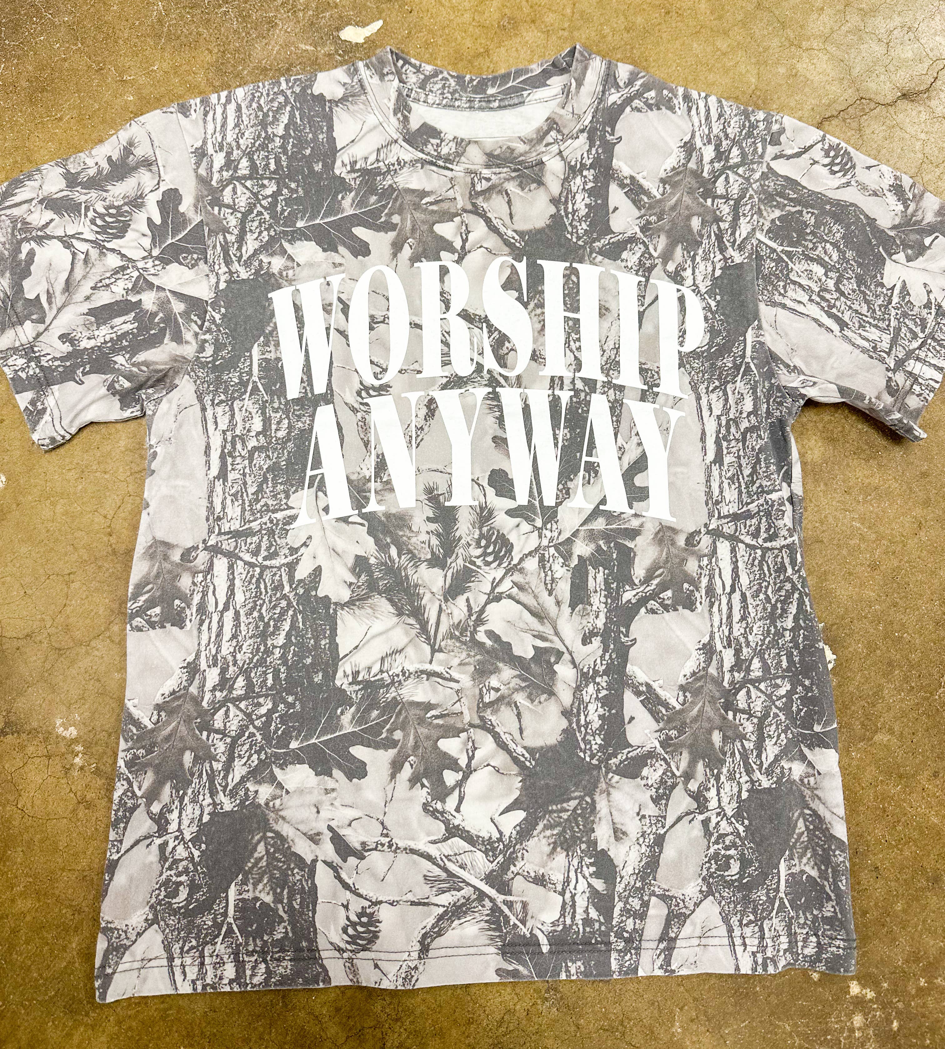 Small Town Society Apparel Co. - Wholesale Screen Printed T-Shirt - Women's - Worship Anyway | Grey Camo |  Short Sleeve Tee3