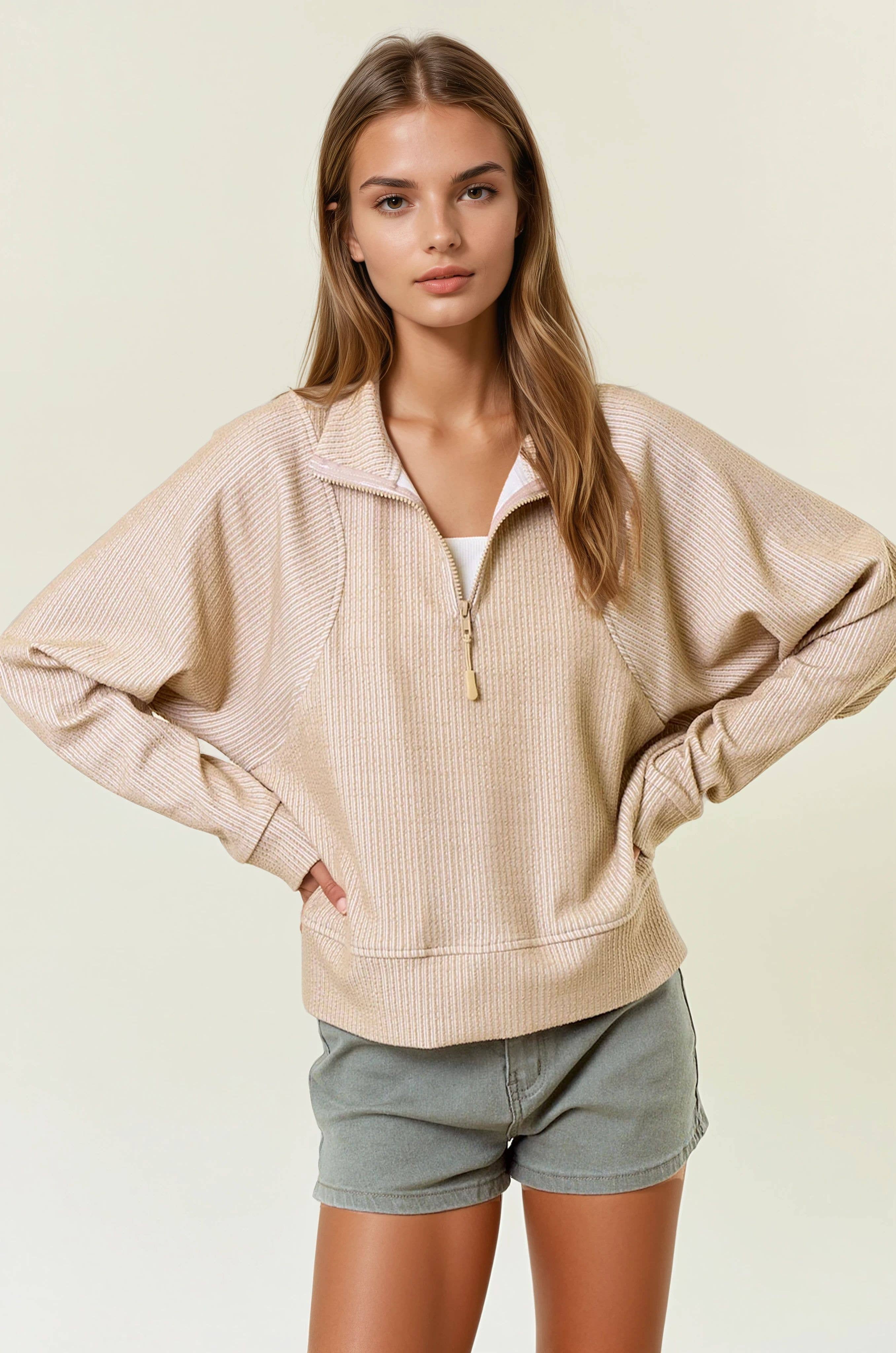 Doe and Rae - Wholesale Sweatshirt - Women's - Stripe Textured Half Zip-Up Long Sleeve Sweatshirt -43836T-11