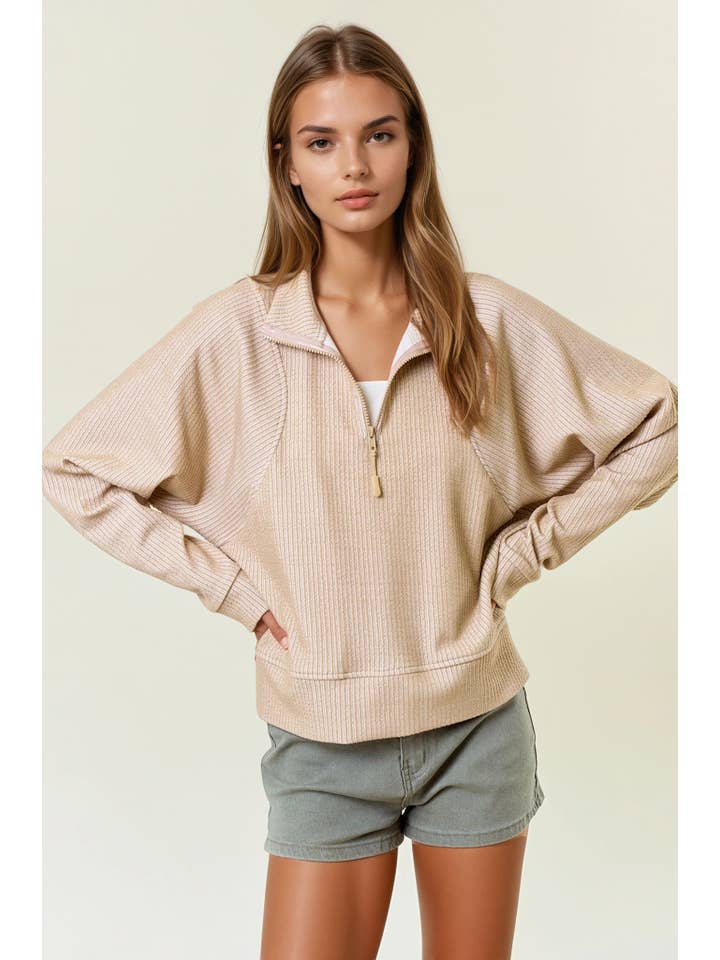 Doe and Rae - Wholesale Sweatshirt - Women's - Stripe Textured Half Zip-Up Long Sleeve Sweatshirt -43836T-11