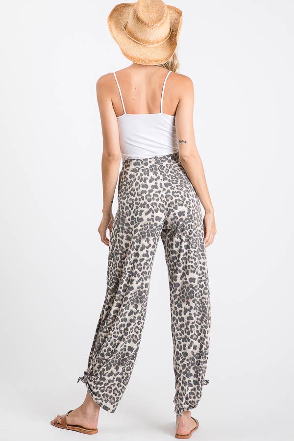 Mocha Leopard Print Lightweight Split Side Ankle Tie Pants P3377 for wholesale on Faire14
