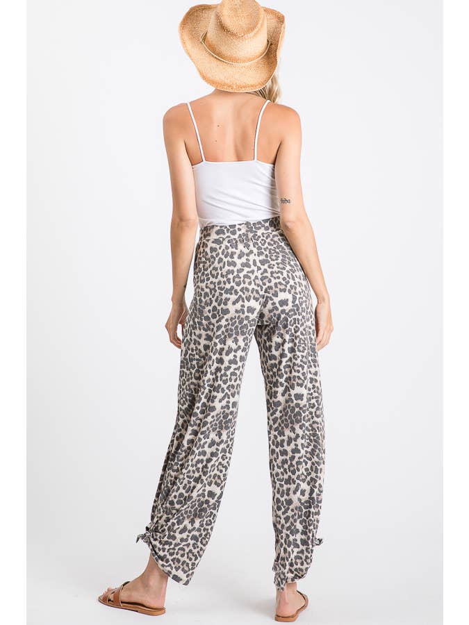 Mocha Leopard Print Lightweight Split Side Ankle Tie Pants P3377 for wholesale on Faire14