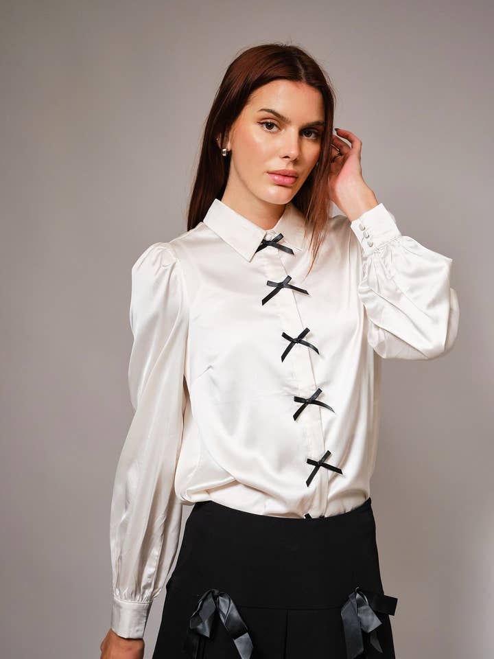 36908T - Long Puff Sleeves with Bow Detail Blouse for wholesale by Blue B