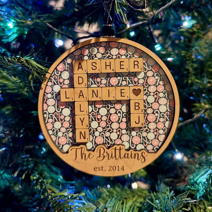 Custom Scrabble Family Ornament for wholesale by 6:19 Creative