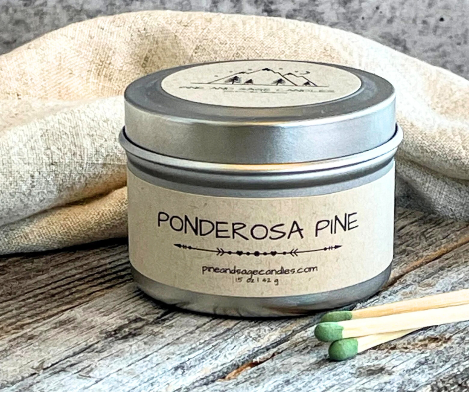 Pine and Sage Candles - Vente Bougies de voyage - Pin ponderosa - Bougie en boîte noire mate de 6 oz0