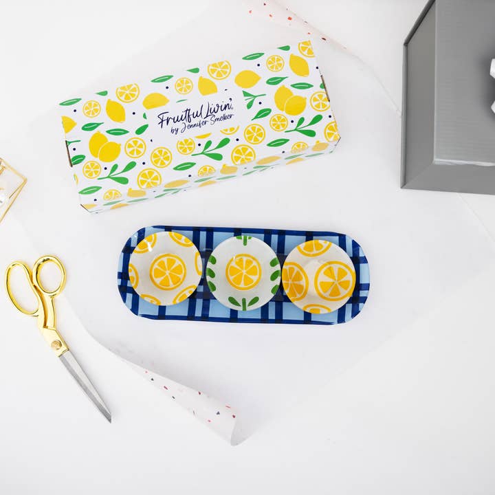 Pavilion - Wholesale Serving Tray - Lemons - 11" Glass Serving Tray with 3 Bowls3