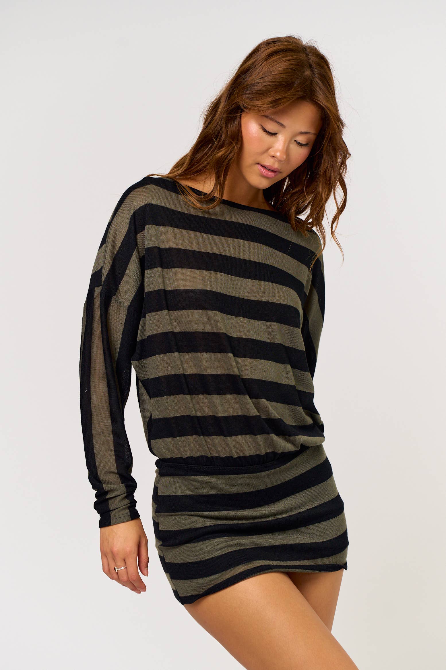 OLIVE BLACK Striped Long Sleeve Backless Boatneck Mini Dress for wholesale on Faire1