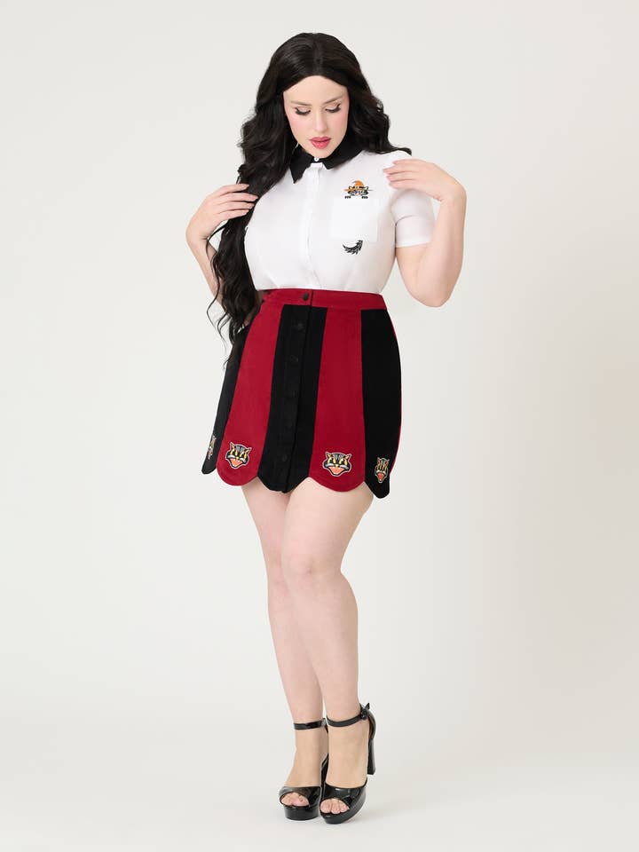 Smak Parlour Burgundy & Black Stripe Spooky Cat Corduroy Mini Skirt for wholesale by Unique Vintage
