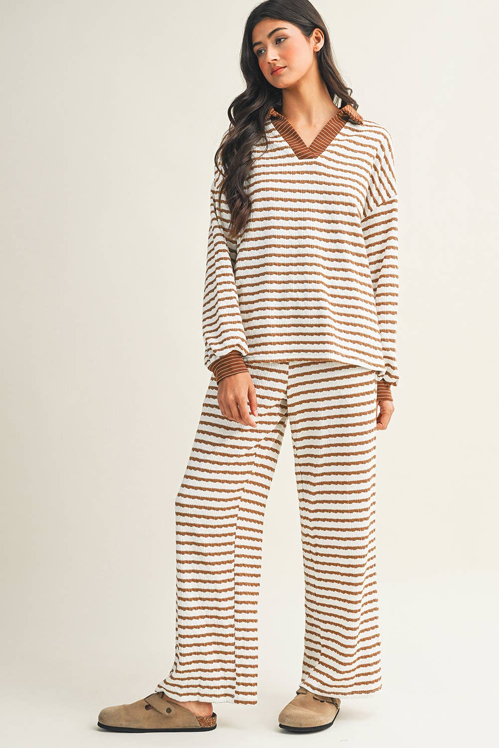 Little Daisy Closet - Wholesale Lounge Set - Women's -  LDC Stripe Collared Pullover Top and Drawstring Pant Set1