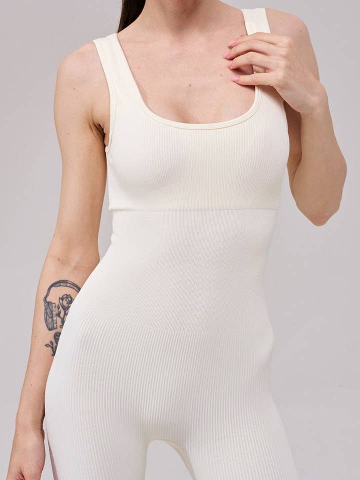 Color 5 - Wholesale Unitard - Women's - Bone off white seamless ribbed fitted tank style jumpsuit
