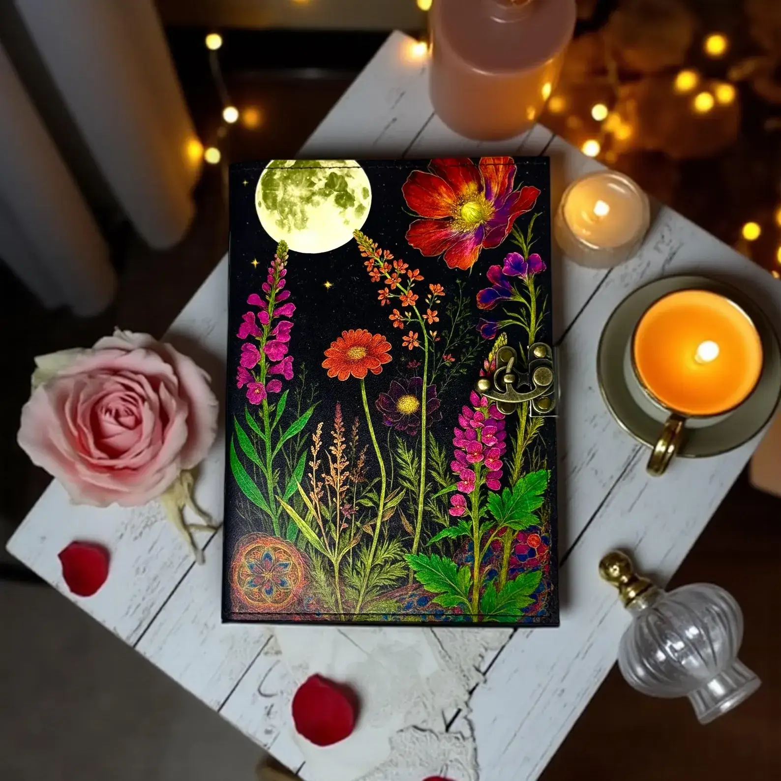 MNM HANDICRAFTS – Engroshandel Dagbog – Måneskin Blomstret Læderjournal Håndlavet Skyggernes Bog2