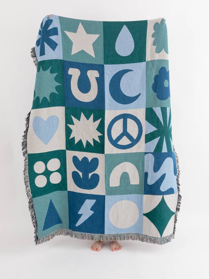 Folk Shapes Patchwork Throw Blanket - Blue/Green for wholesale by Good Merchant Co