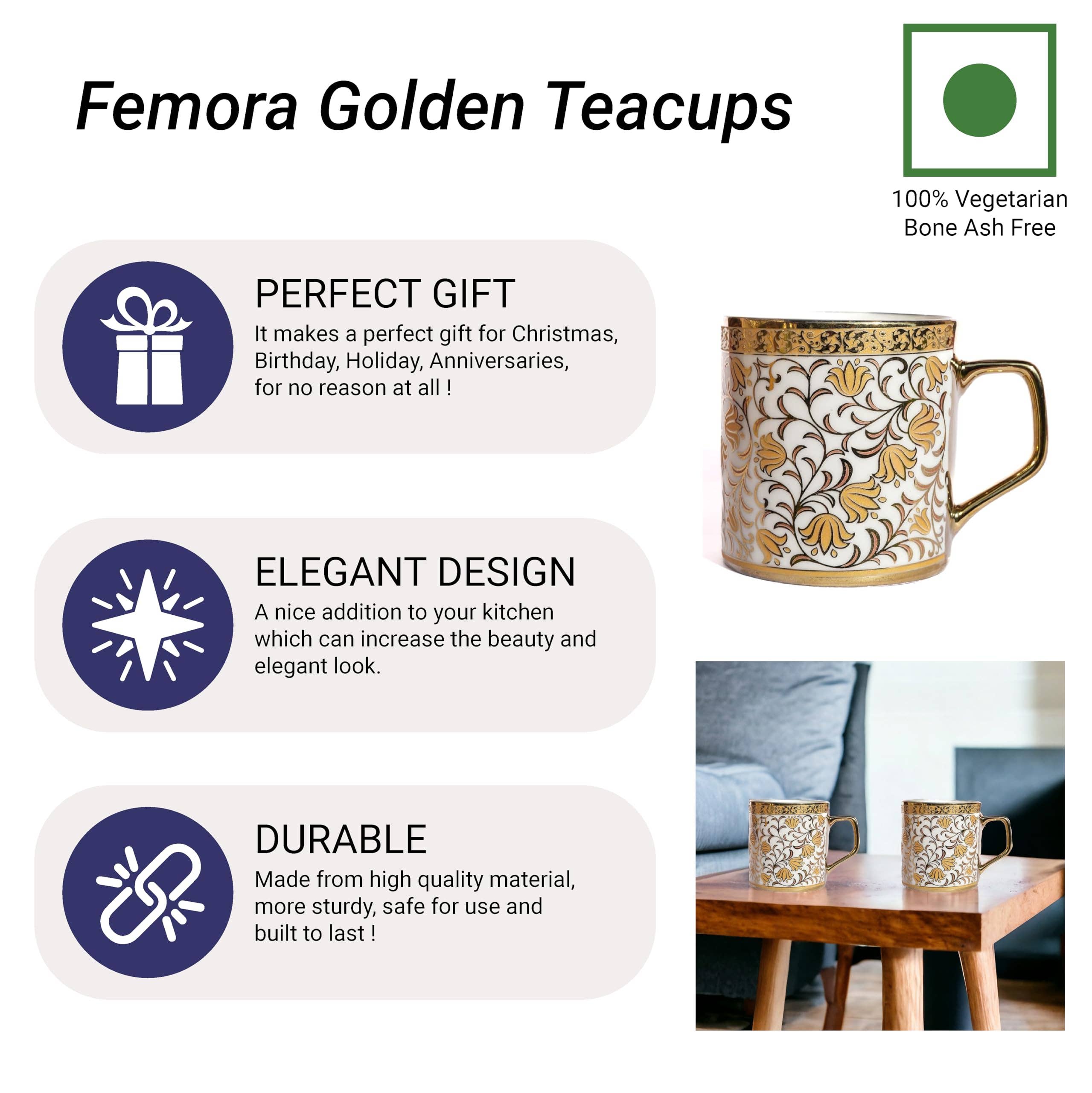 Femora - Wholesale Tea Set - Femora Turkish Floral Pattern Gold Ceramic Tea Cups |6.09 Oz6
