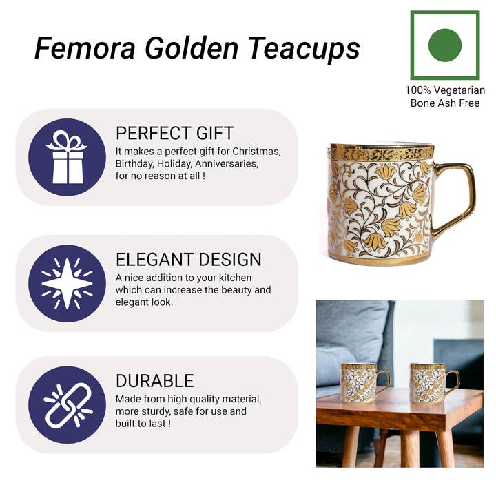 Femora - Wholesale Tea Set - Femora Turkish Floral Pattern Gold Ceramic Tea Cups |6.09 Oz6