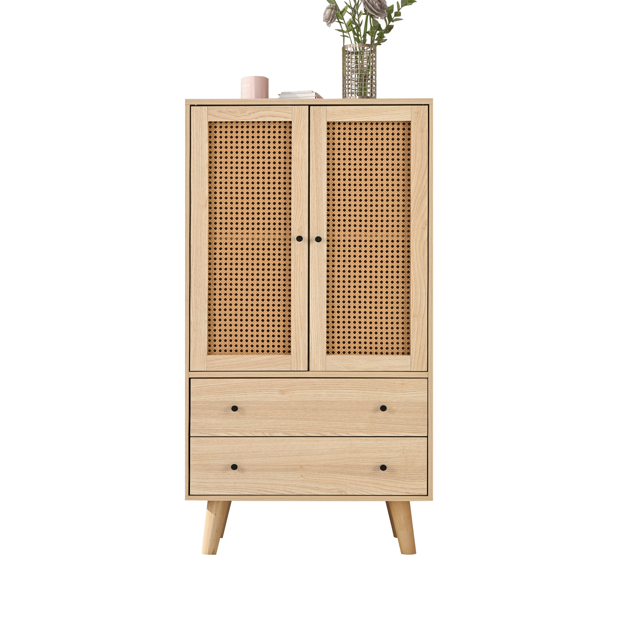 Urban Meuble - Wholesale Cabinet - Wood-effect sideboard with rattan doors and 2 drawers, solid wood legs FENMUCK11