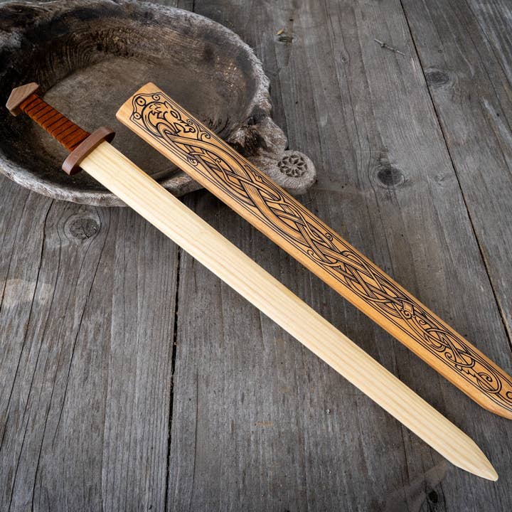 Backwoods Provisions - Wholesale Classic Toy - Kids - Large Wood Replica Viking Sword ith Norse Motif, Wooden Sheath with Leather Wrapped Handle1
