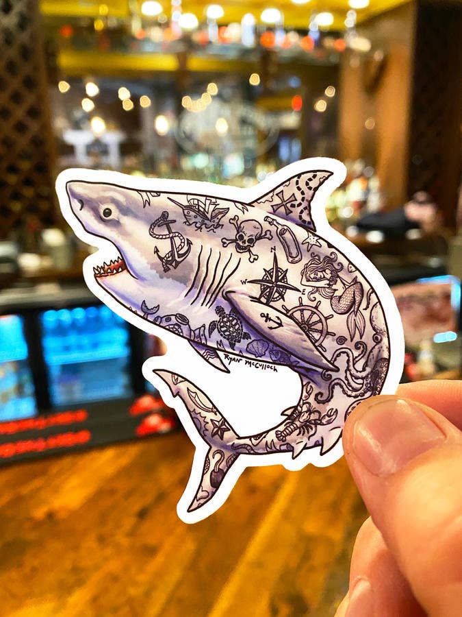 Ryan McCulloch Art - Wholesale Sticker - VINYL STICKER: Tattoo Shark (with vintage nautical tattoos)
