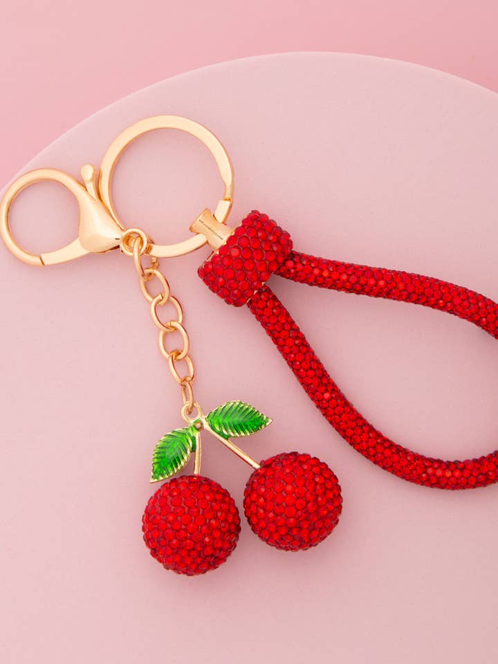 Red Rhinestone Cherry Wristlet Keychain with Lobster Clasp for wholesale by SP Sophia Collection