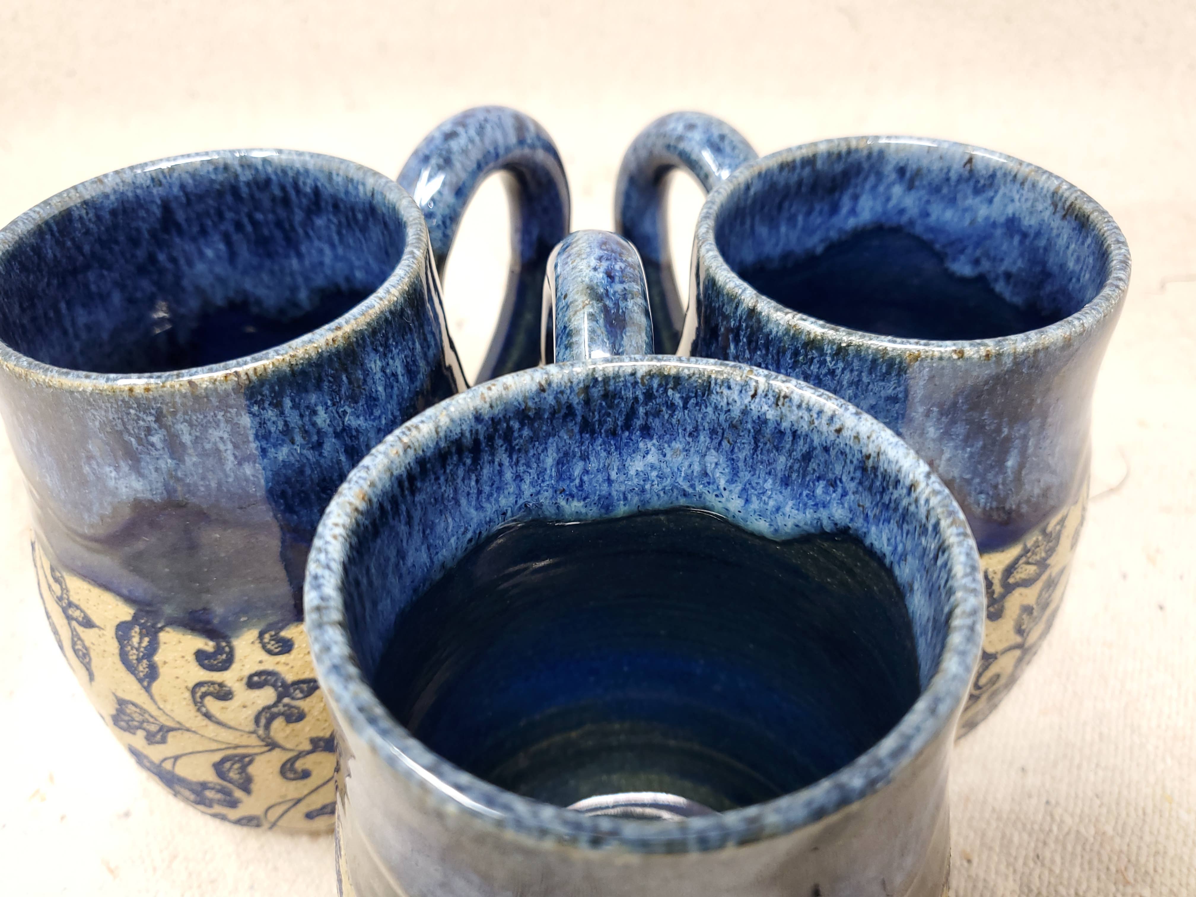Turtle Hollow Pottery - Wholesale Coffee Mug - Rustic Victorian Blue Floral Mug2